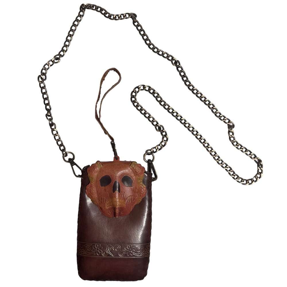 Handcrafted Leather Crossbody Bag‎ Purse Phone Skull Embossed Chain Strap Gothic